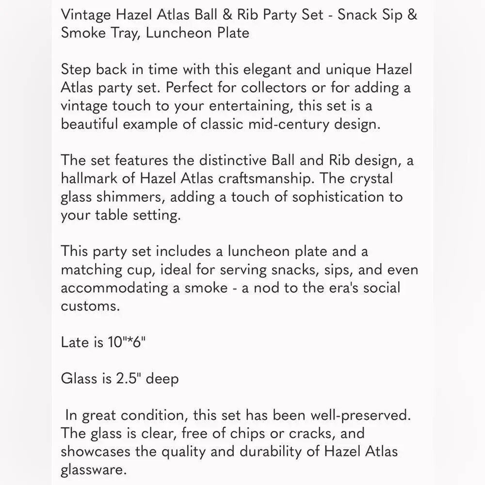 Hazel Atlas Ball & Rib Elegant Clear Glass Smoke Snack & Sip Tray 6 Oz Cup Set